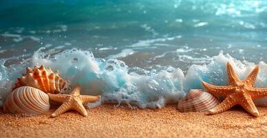 ai generado mar, Oceano paisaje, muchos diferente conchas, estrella de mar y Oceano habitantes - ai generado imagen foto