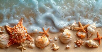 AI generated Sea, ocean landscape, many different shells, starfish and ocean inhabitants - AI generated image photo