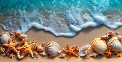 AI generated Sea, ocean landscape, many different shells, starfish and ocean inhabitants - AI generated image photo