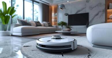 ai generado un robot vacío limpiador lo hace seco y mojado limpieza de el casa, moderno tecnologías - ai generado imagen foto