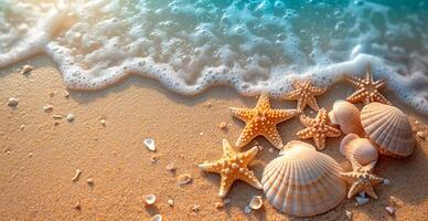 AI generated Sea, ocean landscape, many different shells, starfish and ocean inhabitants - AI generated image photo