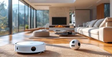 AI generated A robot vacuum cleaner does dry and wet cleaning of the house, modern technologies - AI generated image photo