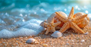 AI generated Sea, ocean landscape, many different shells, starfish and ocean inhabitants - AI generated image photo