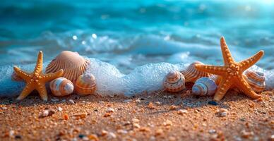 AI generated Sea, ocean landscape, many different shells, starfish and ocean inhabitants - AI generated image photo