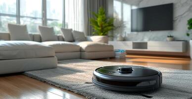 AI generated A robot vacuum cleaner does dry and wet cleaning of the house, modern technologies - AI generated image photo