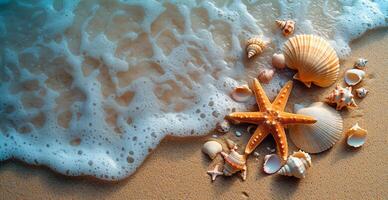 AI generated Sea, ocean landscape, many different shells, starfish and ocean inhabitants - AI generated image photo