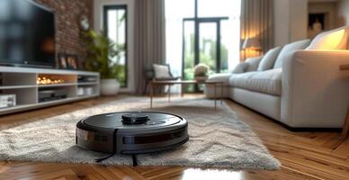 AI generated A robot vacuum cleaner does dry and wet cleaning of the house, modern technologies - AI generated image photo