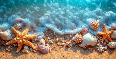 AI generated Sea, ocean landscape, many different shells, starfish and ocean inhabitants - AI generated image photo