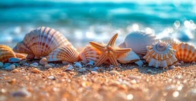 ai generado mar, Oceano paisaje, muchos diferente conchas, estrella de mar y Oceano habitantes - ai generado imagen foto