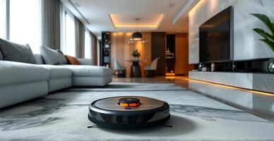 AI generated A robot vacuum cleaner does dry and wet cleaning of the house, modern technologies - AI generated image photo