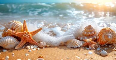 AI generated Sea, ocean landscape, many different shells, starfish and ocean inhabitants - AI generated image photo