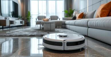 ai generado un robot vacío limpiador lo hace seco y mojado limpieza de el casa, moderno tecnologías - ai generado imagen foto