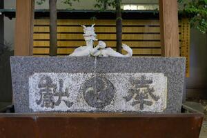 A statue of dragon at purification fountain in Japanese Shrine photo