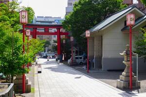 Main gate Torii at Tomioka Shrine wide shot photo