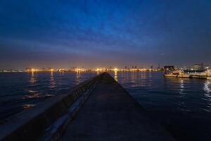 A dusk cityscape near the container port in Tokyo wide shot photo