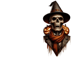ai généré élégant effrayant Humain crâne fantôme avec une chapeau aquarelle clipart Halloween concept sur transparence Contexte png