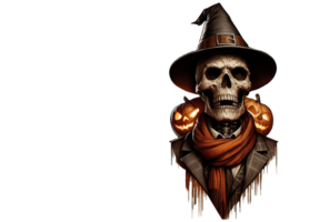 ai generato elegante pauroso umano cranio fantasma con un' cappello acquerello clipart Halloween concetto su trasparenza sfondo png