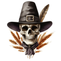 AI generated Elegant scary human skull ghost with a hat watercolor clipart Halloween concept on transparency background png