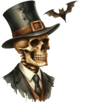 AI generated Elegant scary human skull ghost with a hat watercolor clipart Halloween concept on transparency background png