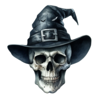AI generated Elegant scary human skull ghost with a hat watercolor clipart Halloween concept on transparency background png