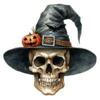 ai generato elegante pauroso umano cranio fantasma con un' cappello acquerello clipart Halloween concetto su trasparenza sfondo png