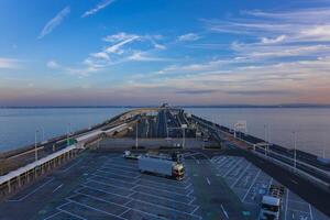 A dusk traffic jam on the highway at Tokyo bay area in Chiba wide shot photo