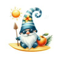 AI generated Watercolor cute gnome surfboard spring summer clipart at beach on transparency background png