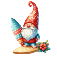AI generated Watercolor cute gnome surfboard spring summer clipart at beach on transparency background png