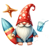 AI generated Watercolor cute gnome surfboard spring summer clipart at beach on transparency background png