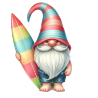 AI generated Watercolor cute gnome surfboard spring summer clipart at beach on transparency background png