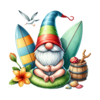 AI generated Watercolor cute gnome surfboard spring summer clipart at beach on transparency background png