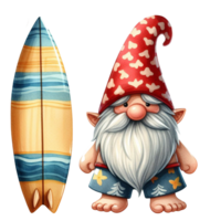 AI generated Watercolor cute gnome surfboard spring summer clipart at beach on transparency background png