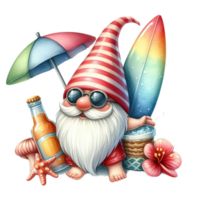 AI generated Watercolor cute gnome surfboard spring summer clipart at beach on transparency background png