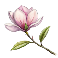 AI generated A pink magnolia flower is the central focus, with its petals gently overlapped and the interior gradient softly blending from white to a deeper pink png