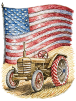 AI generated A vintage  tractor is centrally positioned in a pastoral scene, bearing an American flag on its left side png