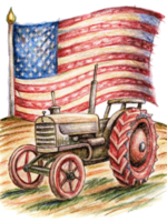 AI generated A vintage  tractor is centrally positioned in a pastoral scene, bearing an American flag on its left side png