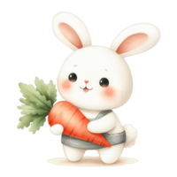 ai genererad en vit kanin med fluffig päls är innehav en stor morot i ett Tass och har en glad uttryck png