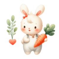 ai generado un blanco conejito con mullido piel es participación un grande Zanahoria en uno pata y tiene un alegre expresión png