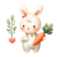 AI generated A white bunny with fluffy fur is holding a large carrot in one paw and has a joyful expression png