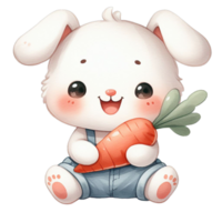 AI generated A white bunny with fluffy fur is holding a large carrot in one paw and has a joyful expression png