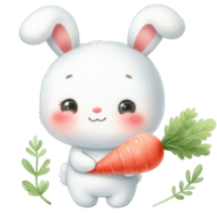 AI generated A white bunny with fluffy fur is holding a large carrot in one paw and has a joyful expression png