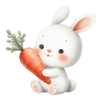 ai généré une blanc lapin avec duveteux fourrure est en portant une grand carotte dans un patte et a une joyeux expression png