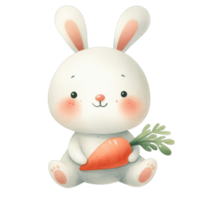 ai généré une blanc lapin avec duveteux fourrure est en portant une grand carotte dans un patte et a une joyeux expression png