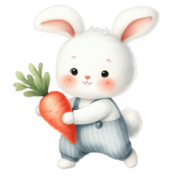 AI generated A white bunny with fluffy fur is holding a large carrot in one paw and has a joyful expression png