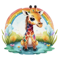 AI generated graphics of a   watercolor giraffe on a rainbow background png