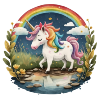 AI generated graphics of a   watercolor unicorn on a rainbow background png