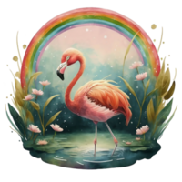 AI generated graphics of a   watercolor flamingo on a rainbow background png