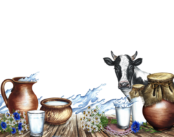 Cow and dairy products in ceramic and glass dishes. The frame is a banner with splashes of milk. An illustration drawn in watercolor by hand. For dairy products, advertising, flyer, packaging. png