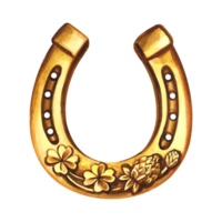 Horseshoe with four-leaf clover. A symbol of good luck. Handmade watercolor illustration. Isolate. For printing, stickers and labels. For postcards, prints and packaging. For banners, posters. png