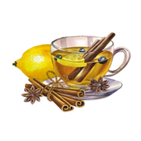 A cup of tea with lemon, cinnamon and star anise. A glass transparent cup filled with tea. a hand-drawn watercolor illustration. For design solutions of invitations, banners, packaging and menus. png